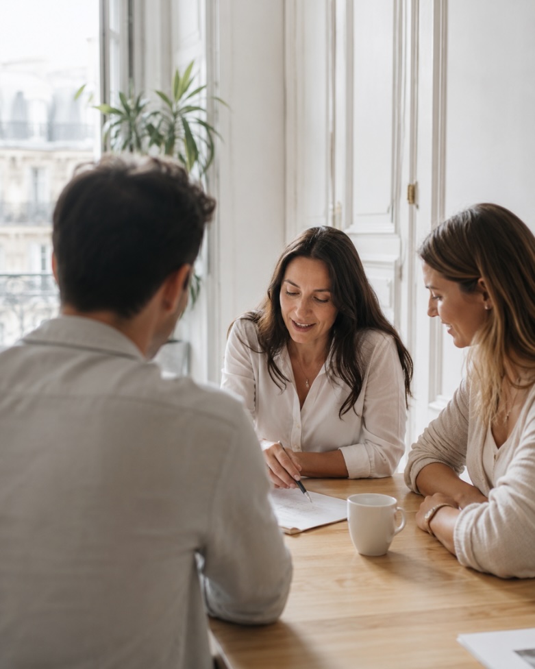 Une conseillère Durand Immobilier présente un document à deux clients
