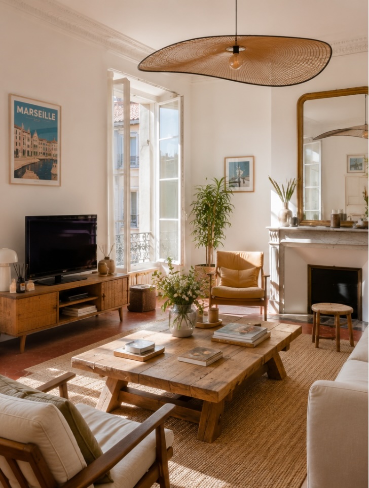 Salon lumineux d'un appartement ancien à Marseille